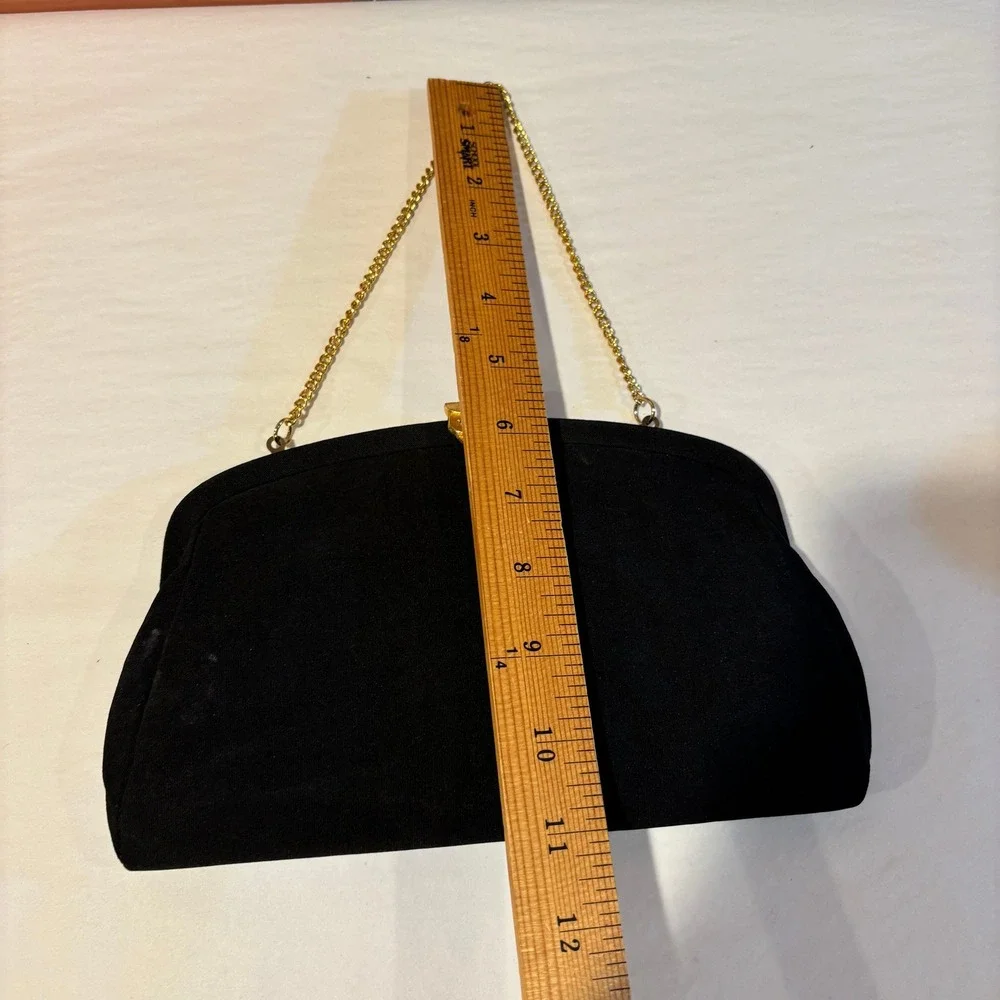 Vintage Black Crepe Evening Clutch Bag Gold Chain Strap Formal Gala Wedding